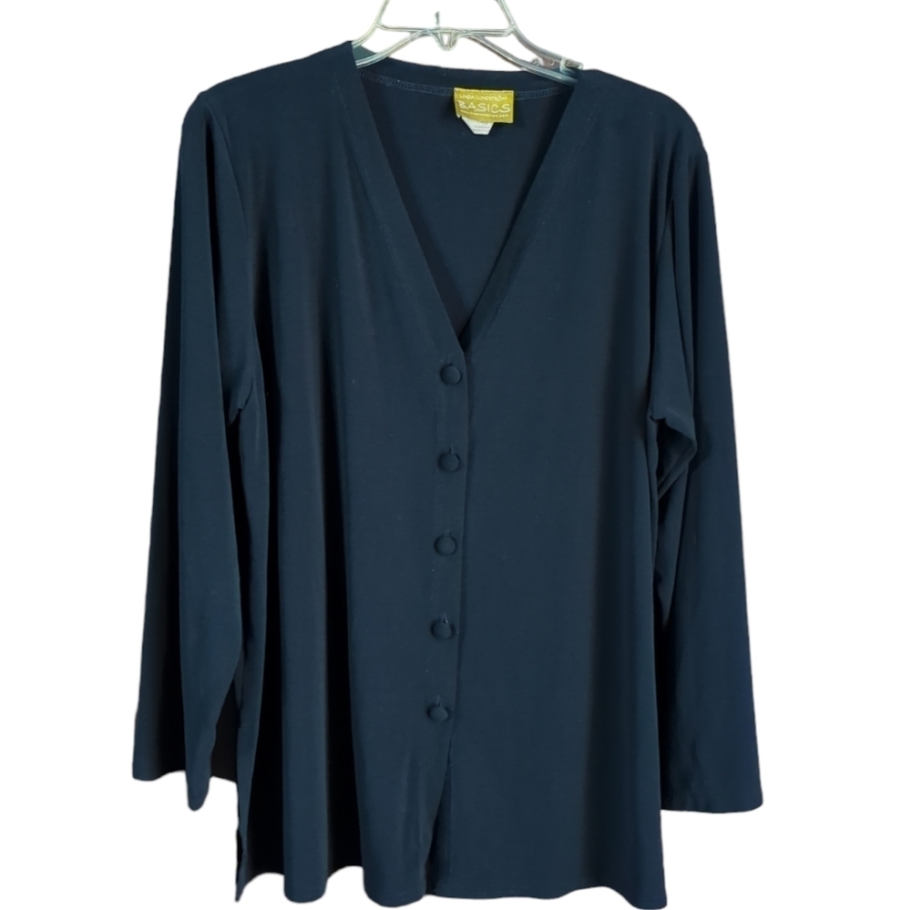 Linda Lundstrom Womens Cardigan Navy Blue Matte Jersey Long‎ Sleeve Medium